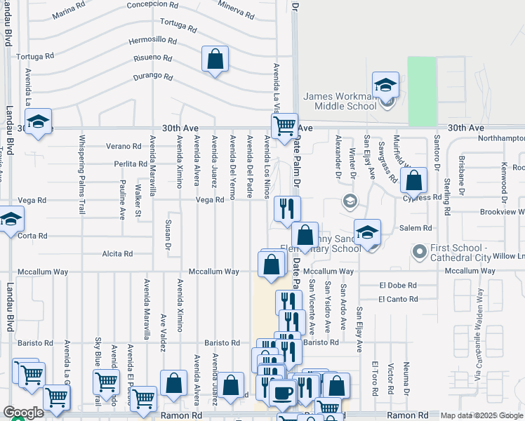 map of restaurants, bars, coffee shops, grocery stores, and more near 30551 Avenida Los Ninos in Cathedral City