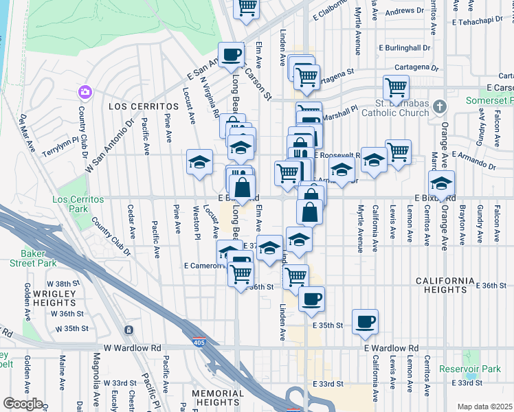 map of restaurants, bars, coffee shops, grocery stores, and more near 3761 Elm Avenue in Long Beach