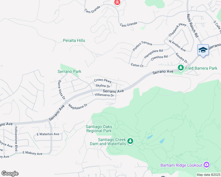 map of restaurants, bars, coffee shops, grocery stores, and more near 7410 Skyline Drive in Orange