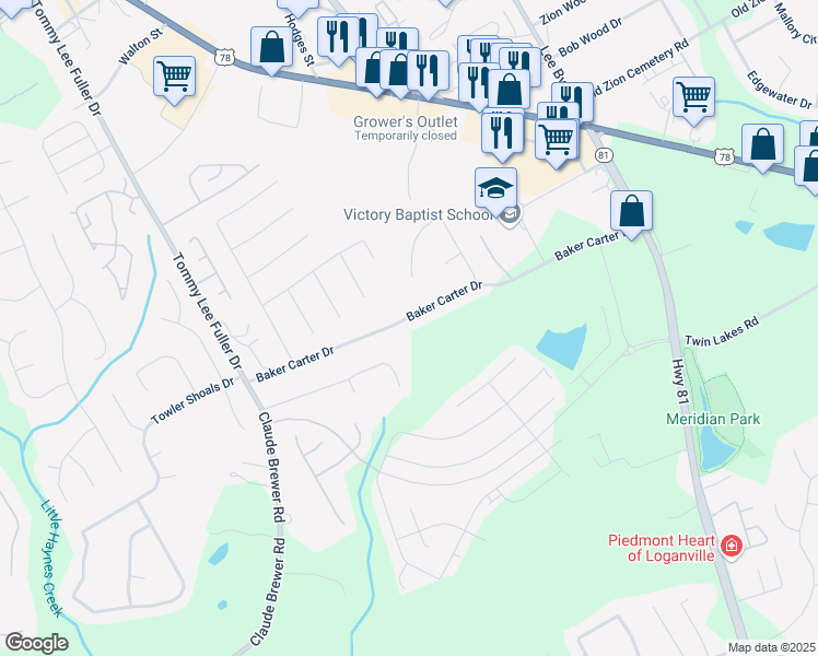 map of restaurants, bars, coffee shops, grocery stores, and more near 2221 Baker Carter Drive in Loganville