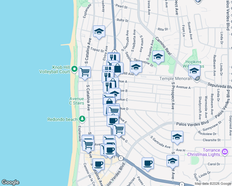 map of restaurants, bars, coffee shops, grocery stores, and more near in Redondo Beach