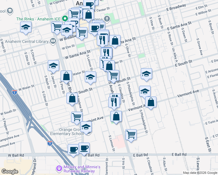 map of restaurants, bars, coffee shops, grocery stores, and more near in Anaheim