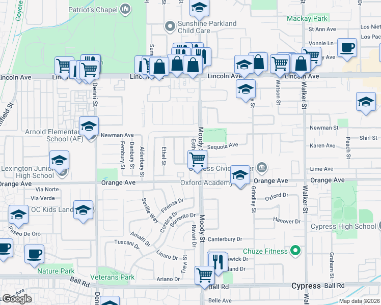 map of restaurants, bars, coffee shops, grocery stores, and more near 9348 Christopher Street in Cypress
