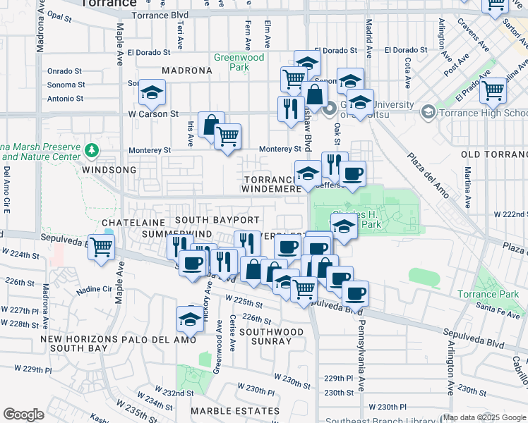 map of restaurants, bars, coffee shops, grocery stores, and more near 2599 Bayport Drive in Torrance