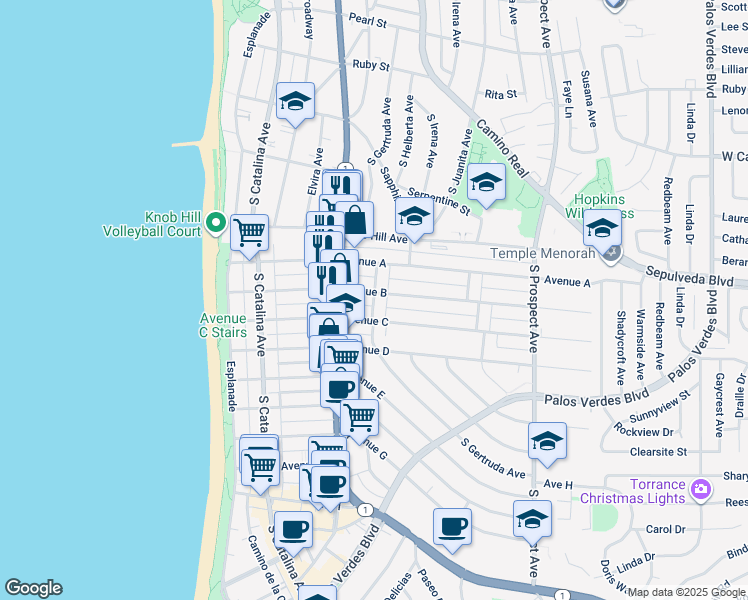 map of restaurants, bars, coffee shops, grocery stores, and more near 532 1/2 Avenue B in Redondo Beach