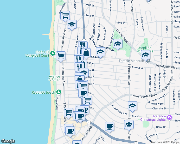 map of restaurants, bars, coffee shops, grocery stores, and more near 532 1/2 Avenue B in Redondo Beach
