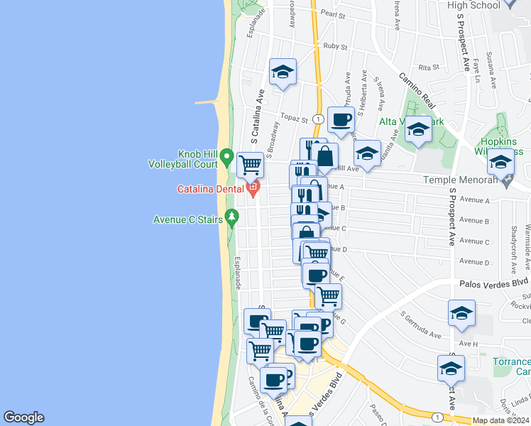 map of restaurants, bars, coffee shops, grocery stores, and more near 208 Avenue B in Redondo Beach