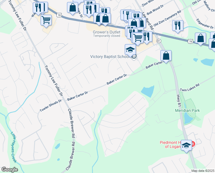 map of restaurants, bars, coffee shops, grocery stores, and more near 2221 Baker Carter Drive in Loganville