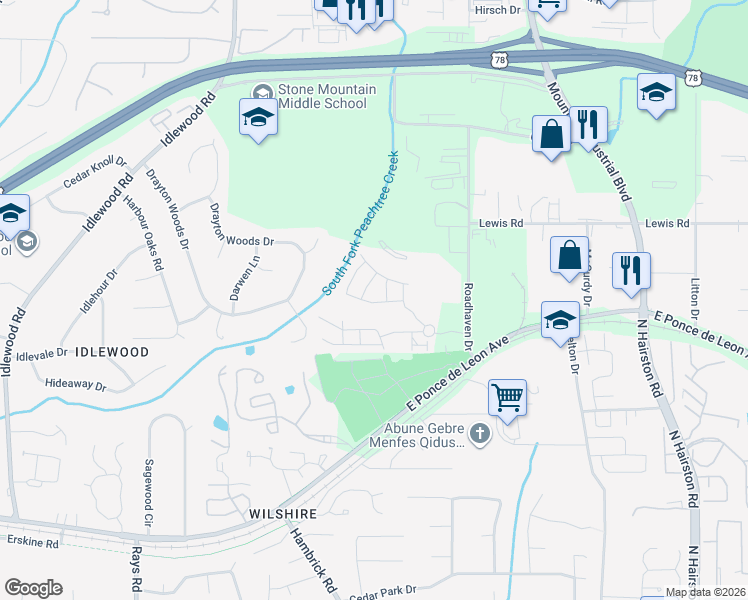 map of restaurants, bars, coffee shops, grocery stores, and more near 4448 Watson Ridge Drive in Stone Mountain