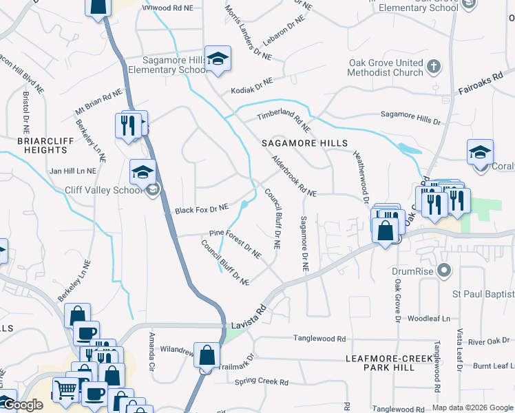 map of restaurants, bars, coffee shops, grocery stores, and more near 2127 Black Fox Drive Northeast in Atlanta