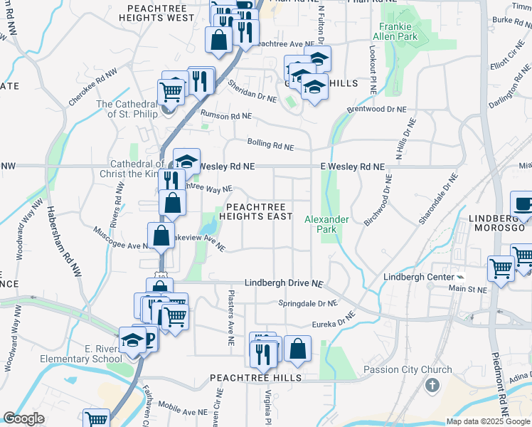 map of restaurants, bars, coffee shops, grocery stores, and more near 195 Peachtree Way Northeast in Atlanta