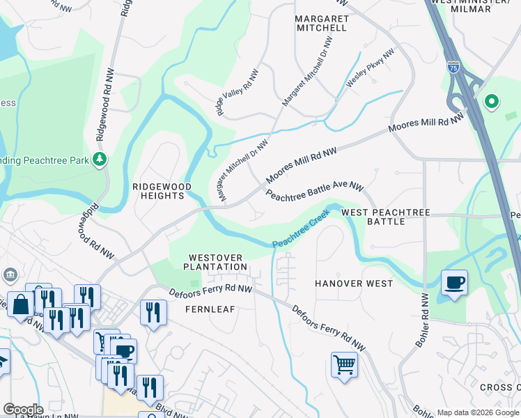 map of restaurants, bars, coffee shops, grocery stores, and more near 2561 Westminster Heath Northwest in Atlanta
