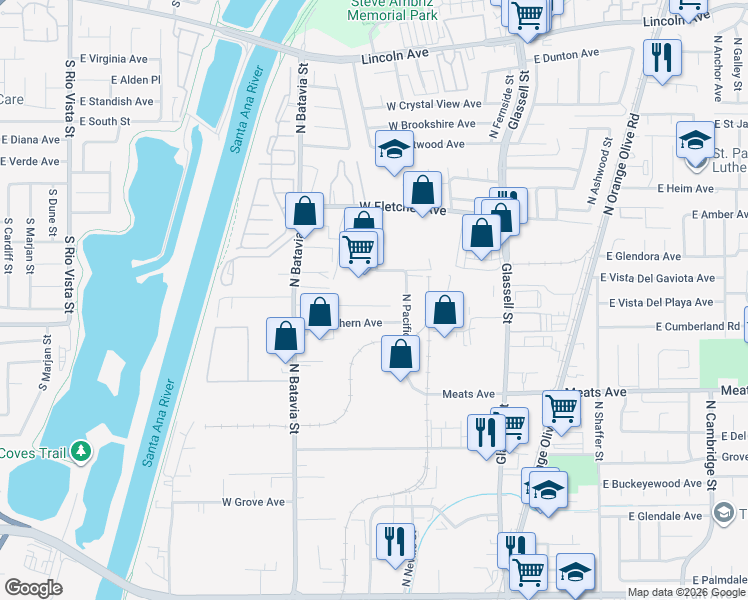 map of restaurants, bars, coffee shops, grocery stores, and more near 603 West Cully Drive in Orange