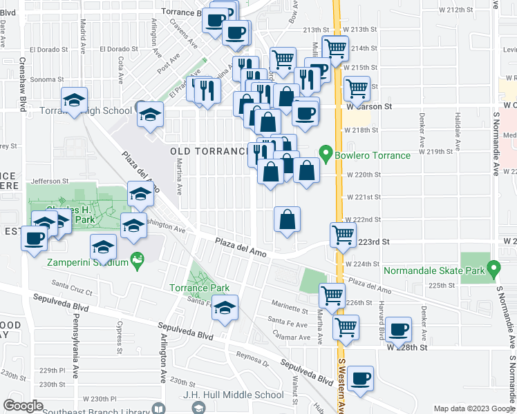 map of restaurants, bars, coffee shops, grocery stores, and more near 2122 Cabrillo Avenue in Torrance