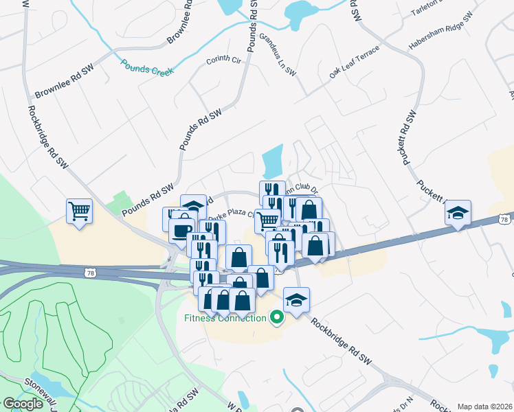 map of restaurants, bars, coffee shops, grocery stores, and more near 1640 East Park Place Boulevard in Stone Mountain