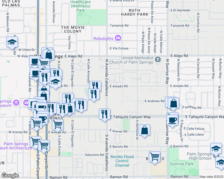 map of restaurants, bars, coffee shops, grocery stores, and more near North Avenida Caballeros in Palm Springs
