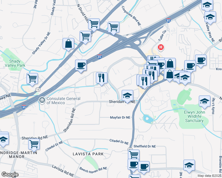 map of restaurants, bars, coffee shops, grocery stores, and more near 1514 Sheridan Road Northeast in Atlanta