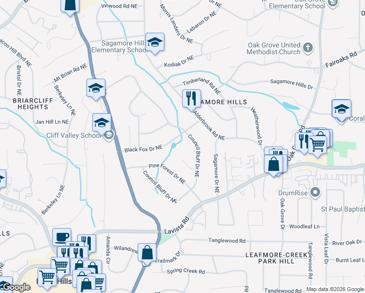 map of restaurants, bars, coffee shops, grocery stores, and more near 2127 Black Fox Drive Northeast in Atlanta