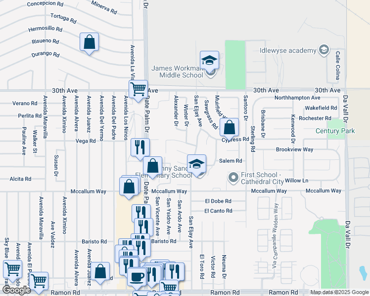 map of restaurants, bars, coffee shops, grocery stores, and more near in Cathedral City