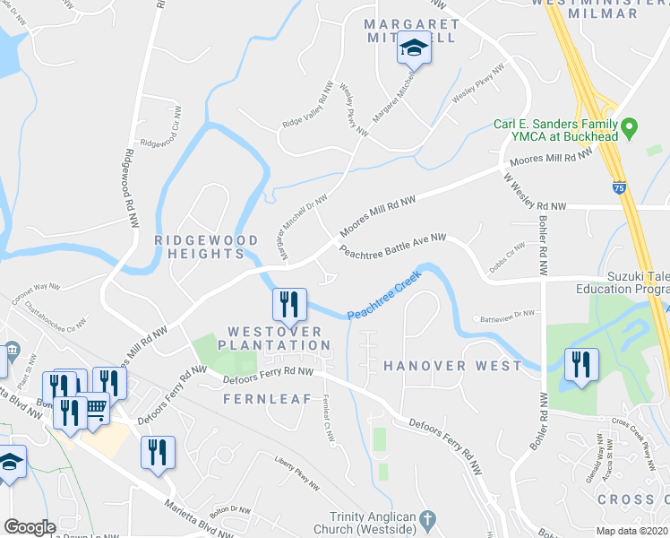 map of restaurants, bars, coffee shops, grocery stores, and more near 2561 Westminster Heath NW in Atlanta