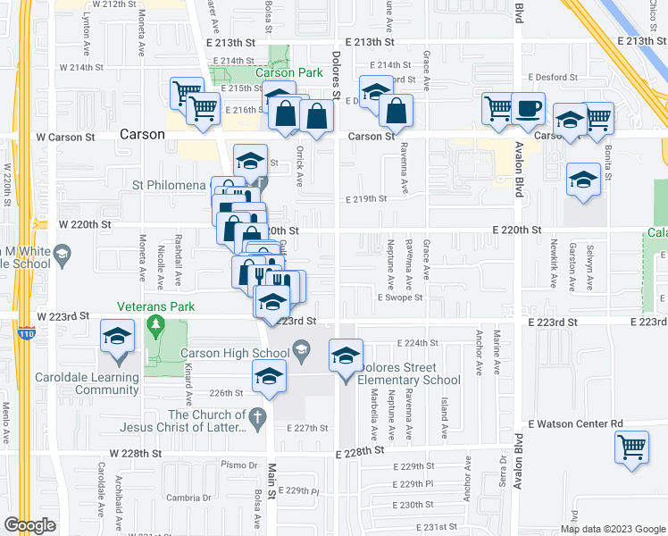 map of restaurants, bars, coffee shops, grocery stores, and more near 22107 1/2 Dolores Street in Carson