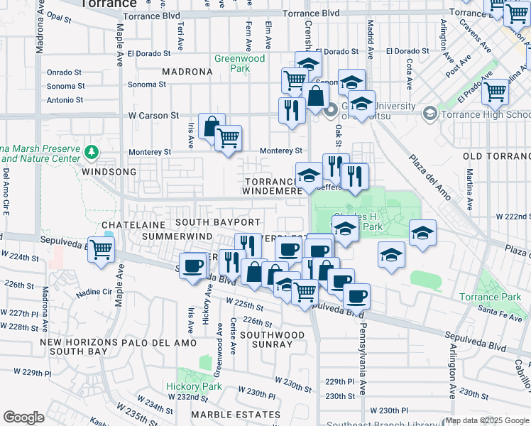 map of restaurants, bars, coffee shops, grocery stores, and more near 2594 Dorset Drive in Torrance