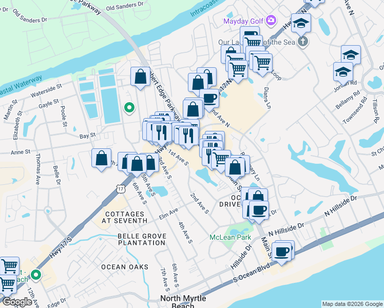 map of restaurants, bars, coffee shops, grocery stores, and more near 763 Main Street in North Myrtle Beach