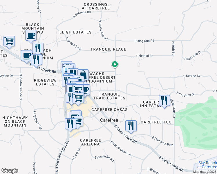 map of restaurants, bars, coffee shops, grocery stores, and more near 37608 North Tranquil Trail in Carefree