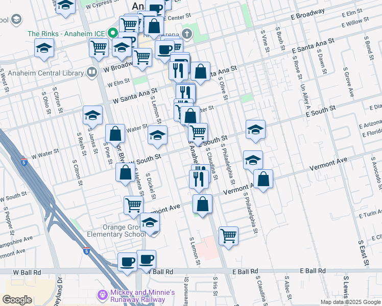 map of restaurants, bars, coffee shops, grocery stores, and more near 809 South Anaheim Boulevard in Anaheim