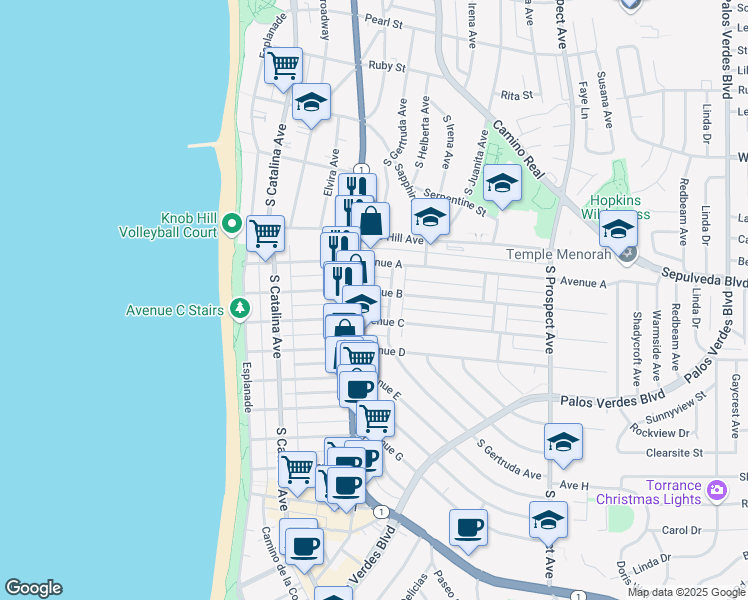 map of restaurants, bars, coffee shops, grocery stores, and more near 532 1/2 Avenue B in Redondo Beach