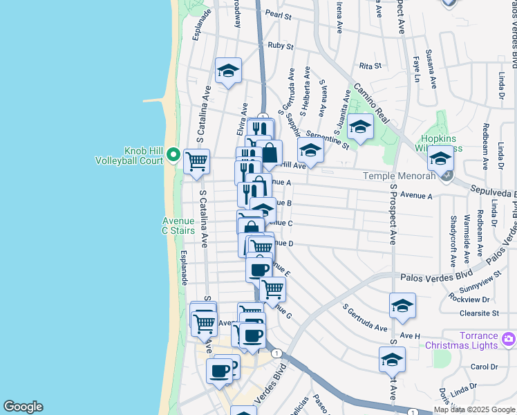 map of restaurants, bars, coffee shops, grocery stores, and more near 230 Avenue B in Redondo Beach