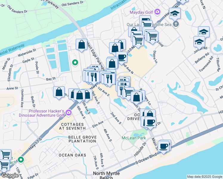 map of restaurants, bars, coffee shops, grocery stores, and more near 763 Main Street in North Myrtle Beach