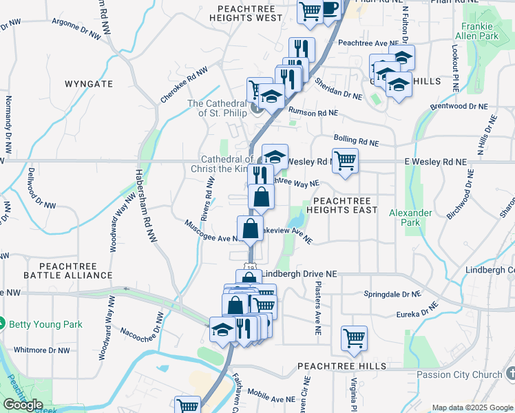 map of restaurants, bars, coffee shops, grocery stores, and more near 2607 Peachtree Road Northwest in Atlanta