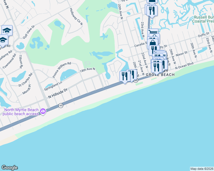 map of restaurants, bars, coffee shops, grocery stores, and more near E-2 Tilghman Lakes in North Myrtle Beach