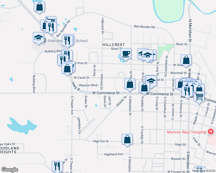 map of restaurants, bars, coffee shops, grocery stores, and more near 800 West Commerce Street in Aberdeen