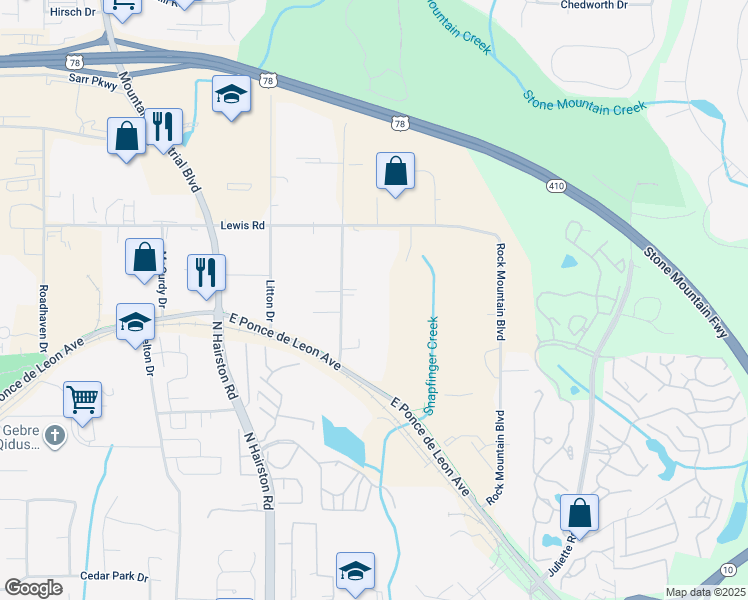 map of restaurants, bars, coffee shops, grocery stores, and more near 4893 Lewis Road in Stone Mountain