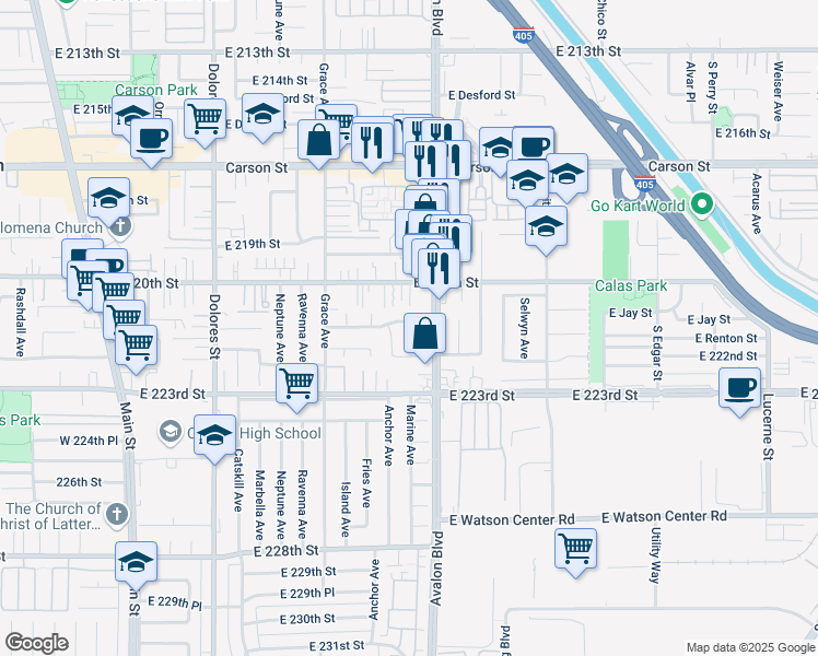 map of restaurants, bars, coffee shops, grocery stores, and more near 634 East 221st Street in Carson
