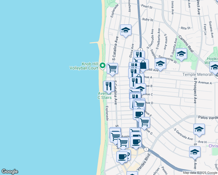 map of restaurants, bars, coffee shops, grocery stores, and more near 112 Avenue B in Redondo Beach