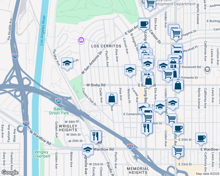 map of restaurants, bars, coffee shops, grocery stores, and more near Pacific Avenue in Long Beach