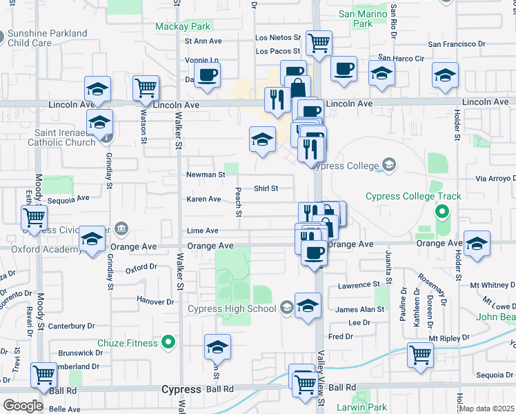map of restaurants, bars, coffee shops, grocery stores, and more near 5782 Karen Ave in Cypress