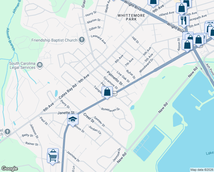map of restaurants, bars, coffee shops, grocery stores, and more near 408 Pearl Street in Conway