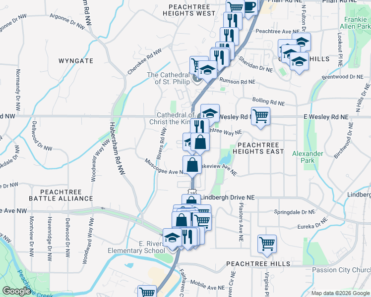 map of restaurants, bars, coffee shops, grocery stores, and more near 2626 Peachtree Road Northeast in Atlanta