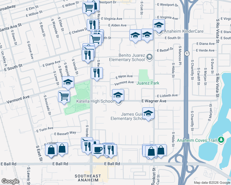 map of restaurants, bars, coffee shops, grocery stores, and more near 2210 East Oshkosh Circle in Anaheim