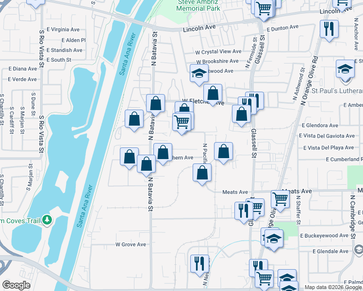 map of restaurants, bars, coffee shops, grocery stores, and more near 639 W Cully Dr in Orange