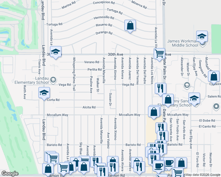 map of restaurants, bars, coffee shops, grocery stores, and more near 68550 Susan Drive in Cathedral City