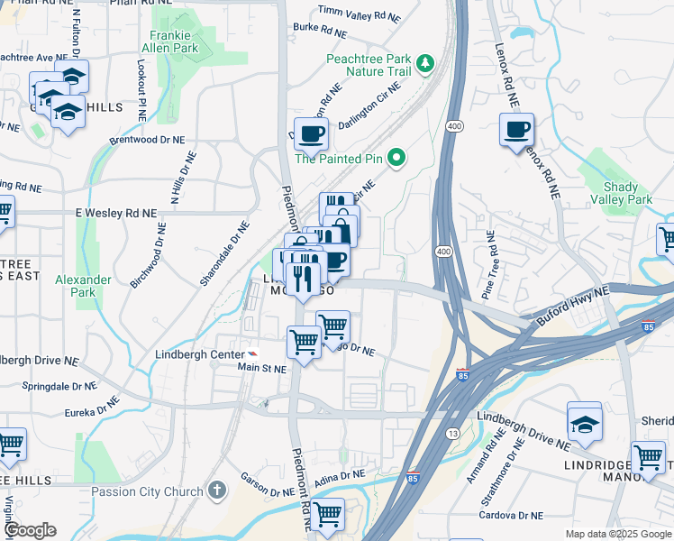 map of restaurants, bars, coffee shops, grocery stores, and more near 2625 Piedmont Road Northeast in Atlanta