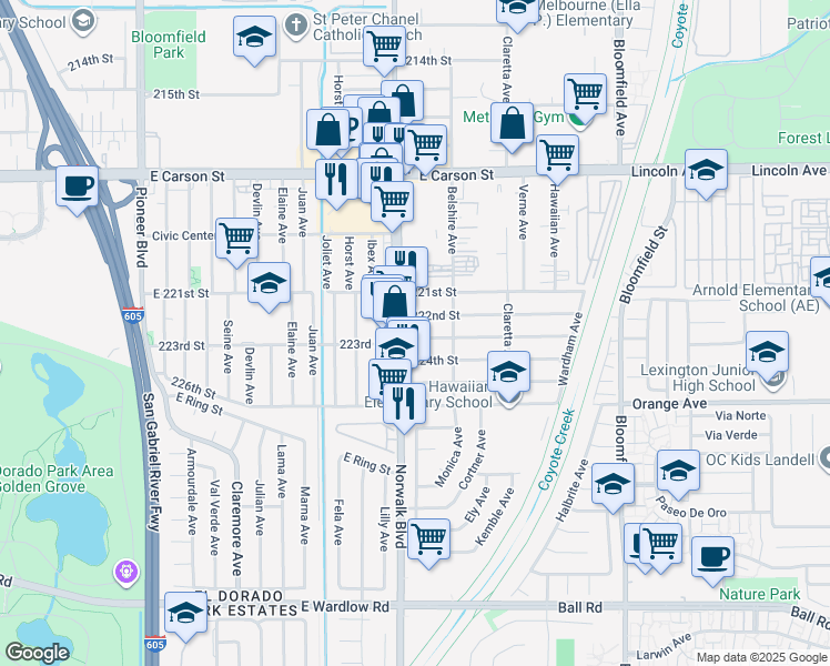 map of restaurants, bars, coffee shops, grocery stores, and more near 12217 223rd Street in Hawaiian Gardens