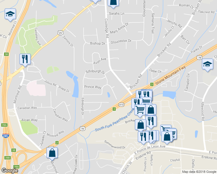 map of restaurants, bars, coffee shops, grocery stores, and more near 3745 Marlborough Drive in Tucker