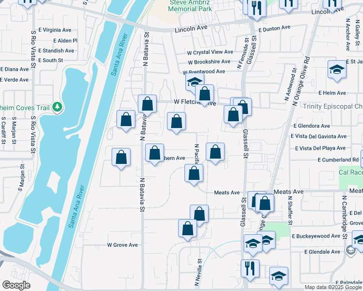 map of restaurants, bars, coffee shops, grocery stores, and more near 603 West Cully Drive in Orange