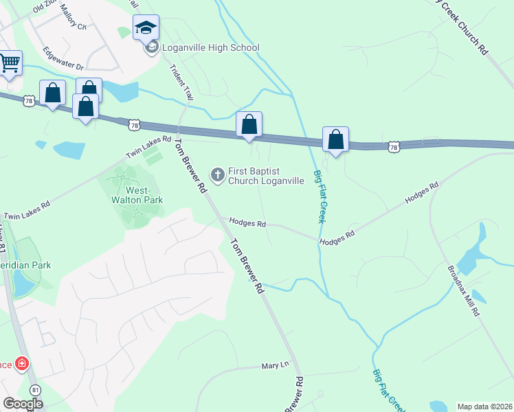 map of restaurants, bars, coffee shops, grocery stores, and more near 3424 Deerfield Road in Loganville